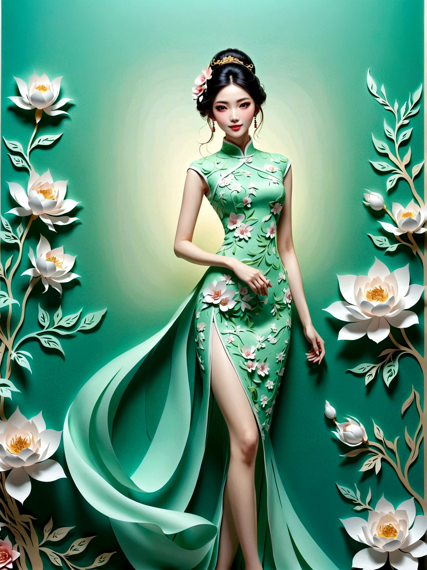 (paper art, Quilted paper art, 3d), (full body:1.5), 1 Cheongsam woman，shy，Close your eyes，slim body，Perfect proportions，Exquisite hair accessories，Smile，Oriental elements，Simple background，Mint Green，(Soft lighting，bokeh)，high quality，4K