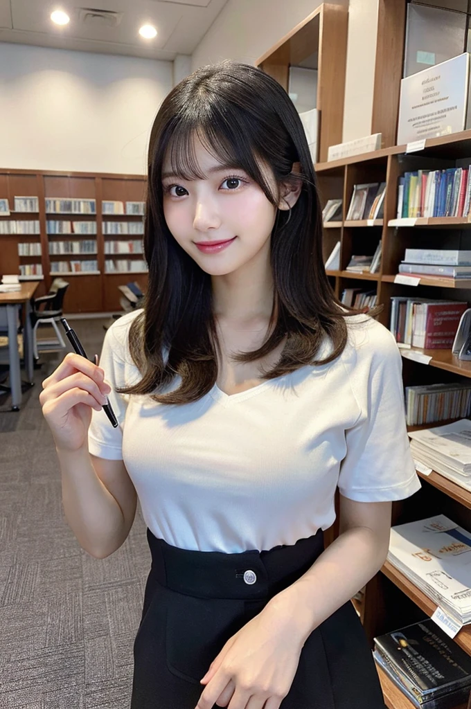 最high quality,Very detailed,finely,High resolution,8K壁紙,Perfect dynamic composition,Young Japanese Woman,Age 25, Black Hair, thin, 4K, 8K, high quality, beauty, smile, White teeth,Beautiful Eyes, Characterized by simplicity, High resolution,1 person,Japanese Idols,Large Breasts,,Slender body,Good style,Landmine Makeup,Red cheeks,whole body,computer,Library,library,I am studying,There is a notebook and a ballpoint pen on the desk,Pencil case,Reference book open