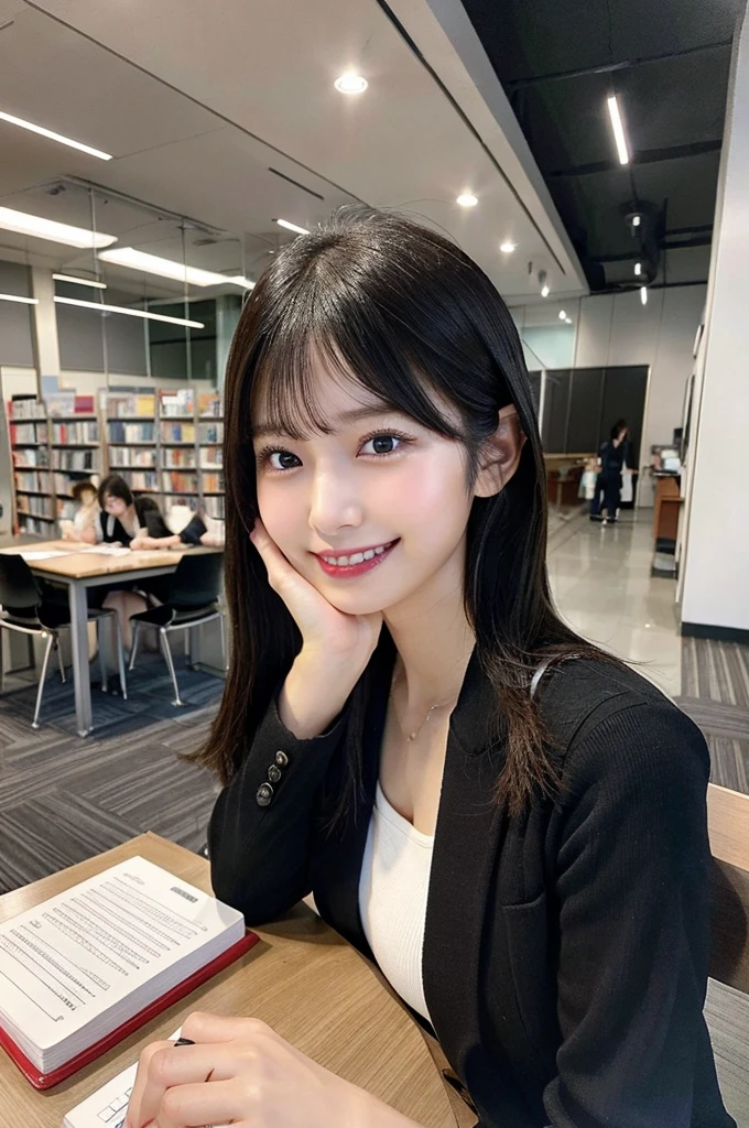 最high quality,Very detailed,finely,High resolution,8K壁紙,Perfect dynamic composition,Young Japanese Woman,Age 25, Black Hair, thin, 4K, 8K, high quality, beauty, smile, White teeth,Beautiful Eyes, Characterized by simplicity, High resolution,1 person,Japanese Idols,Large Breasts,,Slender body,Good style,Landmine Makeup,Red cheeks,whole body,computer,Library,library,I am studying,There is a notebook and a ballpoint pen on the desk,Pencil case,Reference book open