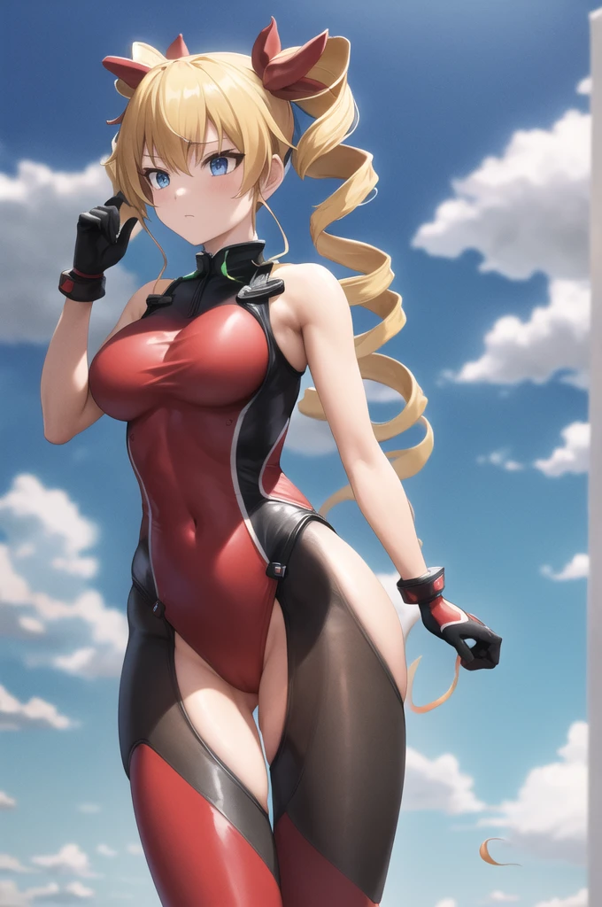 masterpiece, best quality, highres, aaharvey, long hair, twintails, twin drills, hair ribbon, red leotard, bodysuit, bare shoulders, gloves, thighs, thighhighs, cowboy shot, standing, outdoors