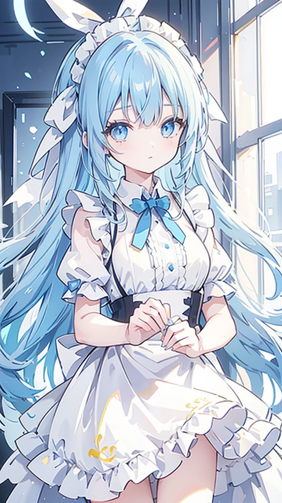 One Girl,Light blue hair,Yellow and light blue eyes,Odd Eye,Long ponytail,Bangs,Ahoge,Maid clothes,Big white ribbon in hair,Android