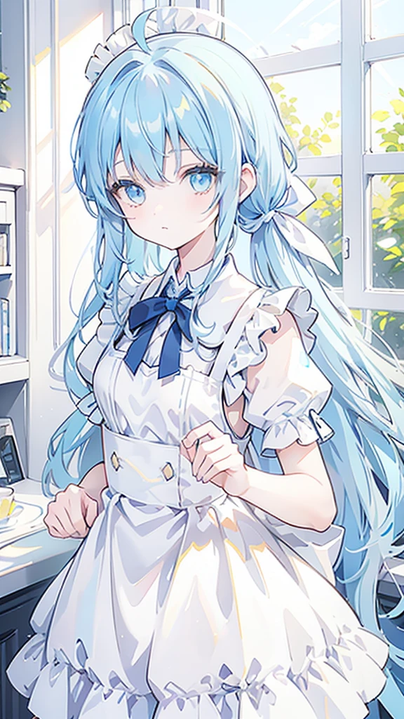 One Girl,Light blue hair,Yellow and light blue eyes,Odd Eye,Long ponytail,Bangs,Ahoge,Maid clothes,Big white ribbon in hair,Android