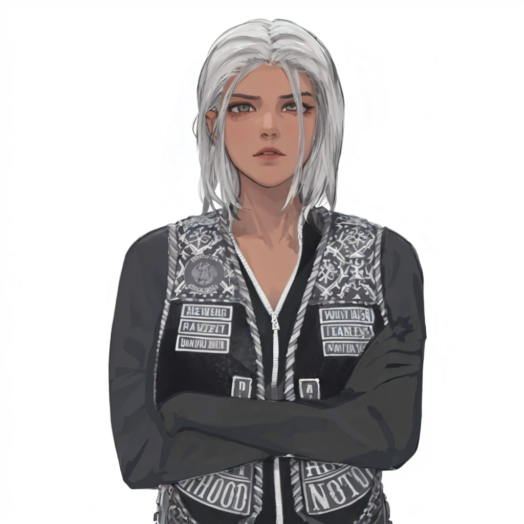 (masterpiece:1.2, best quality), (1girl, solo, upper body:1.2),flat face,Hair: buzz cut, Clothing: oversized, distressed denim jacket with patches and pins, paired with black skinny jeans and combat boots, Hanging out in an underground music venue or street art exhibit