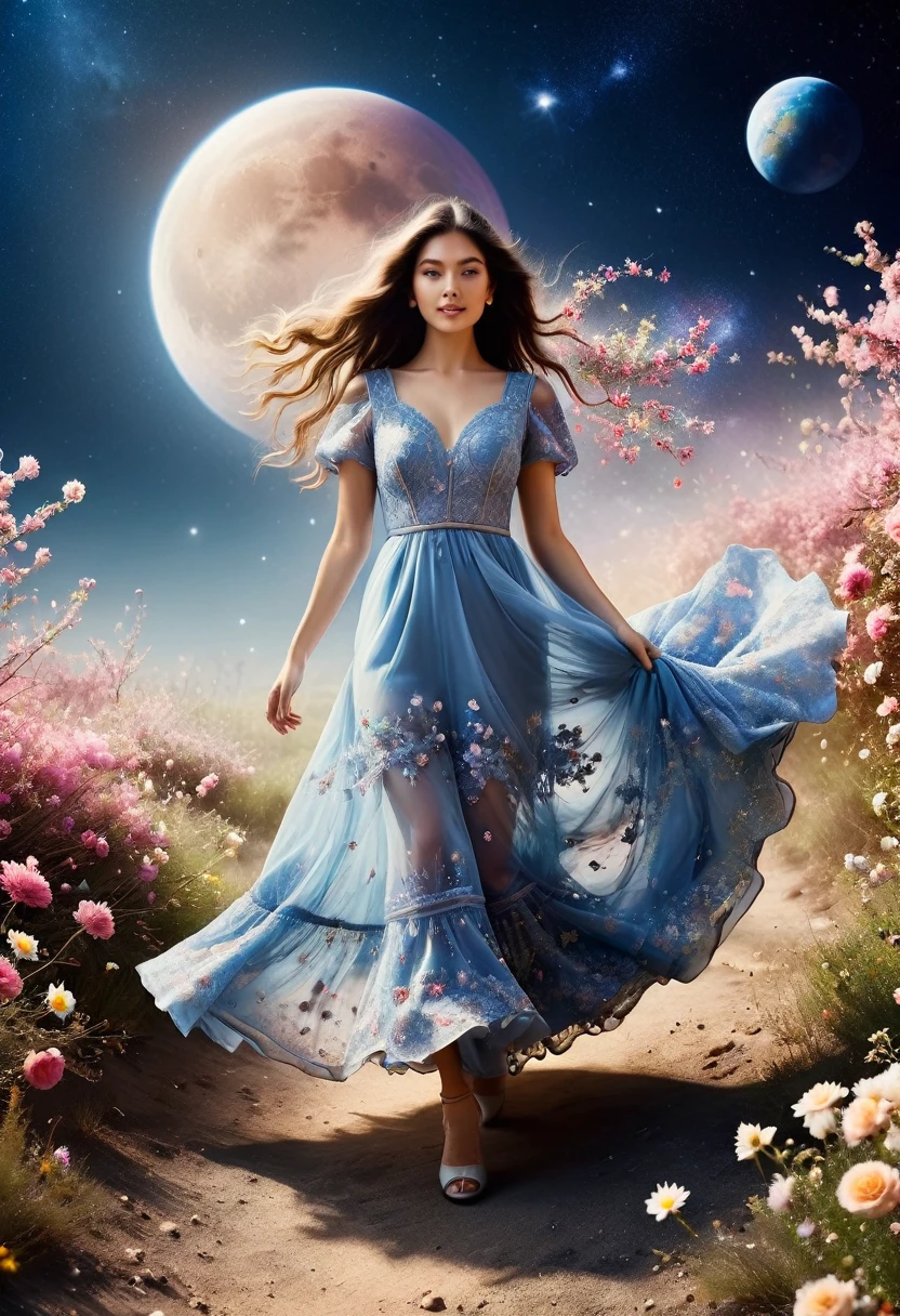 Perfect image:1.5. Analogue Photography:1.2),((Dynamic pose:1.2),(Dynamic Camera),NASA Style, On a moon full of flowers, Young woman in a long lace dress, Long Hair,Walk happily on the flower moon, Looking into the camera, The background is space, and Earth, performer, Other planets also appear to have ribbons flying around, Ultra-realistic, Actual photo shoot, Realistic, Photo taken with a Mamiya ARZ67 and Portra 400 film, Aperture 4, Shutter Speed 125 Stardust (Natural Color, Correct White Balance, Color Correction, Haze Removal,clarity), (Composition centering, Conceptual Photography)),(midnight, high quality, Film Grain), (Natural Color, Correct White Balance, Color Correction, Haze Removal,clarity)