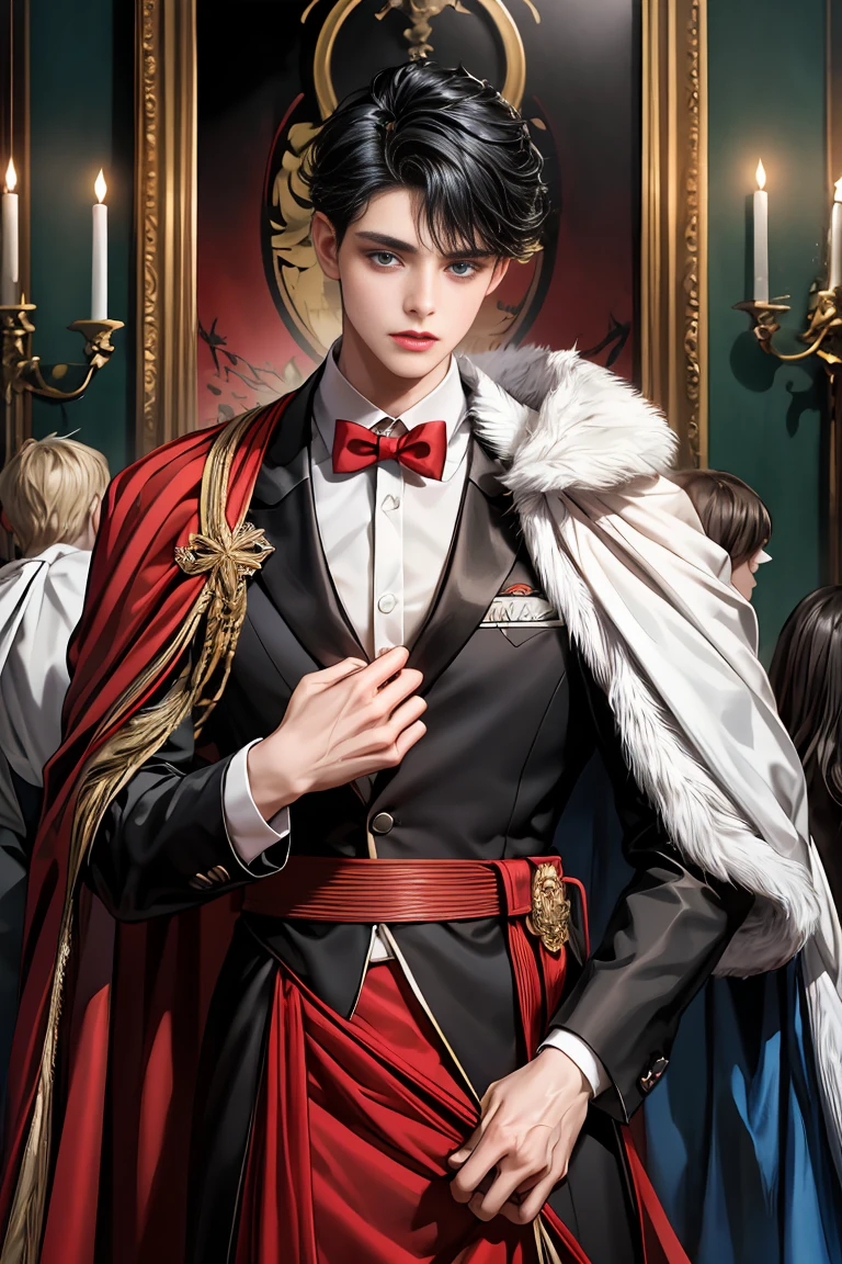 masterpiece, 最high quality, high quality, 1 boy, alone, Male focus, Watching the audience, Messy black hair, Adorable big blue eyes, White people, Noble, Noble,Sexy voluminous black and red cape、Tuxedo、A very voluminous, large, very large, very large, long, long red and black cape with a high stand-up collar, reaching down to the floor, made of a lot of fabric., ,Cute beautiful boys,Cute, cute, kind, handsome guy