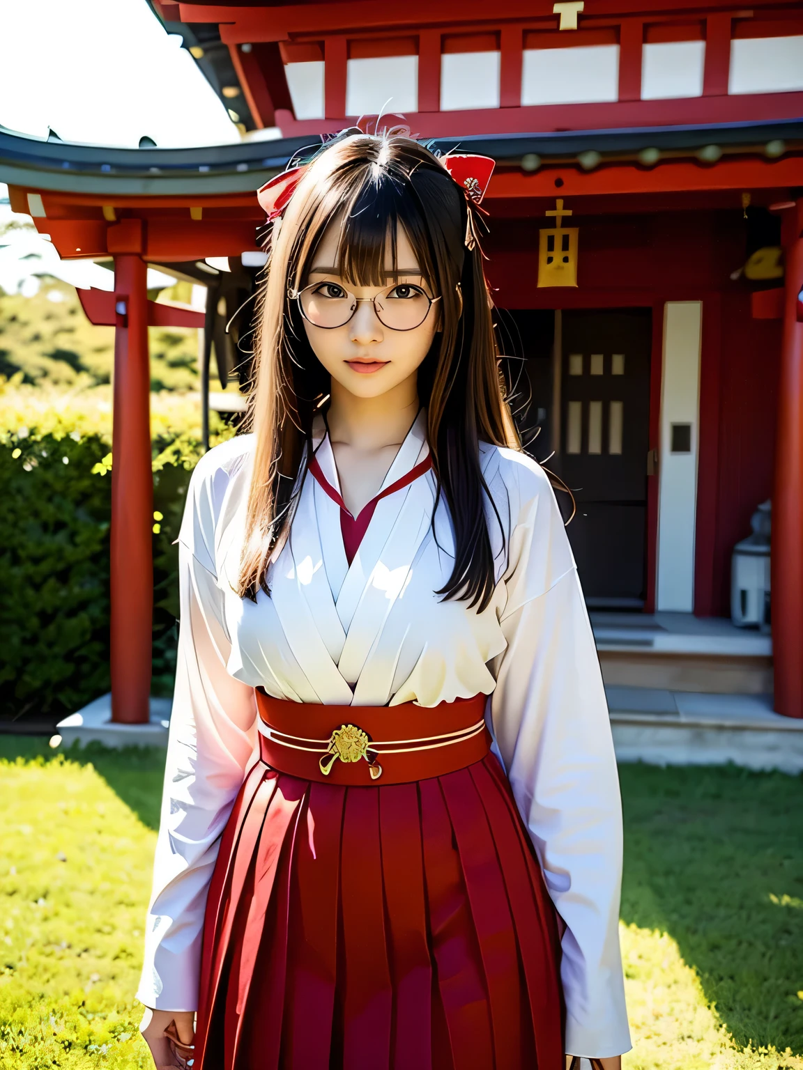 shrine maiden、Crimson too、Shrine maiden attire、ceremony、shrine、within the territory、Long Hair、beautiful girl、Clear Skin、Oracle、The chest is slightly open、cowboy shot,shrine maiden outfit,red skirt,Glasses、