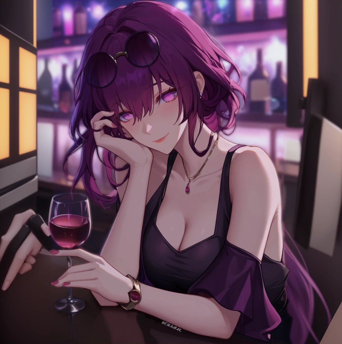 anime girl with purple hair and glasses sitting at a bar, anime moe artstyle, seductive anime girl, ilya kuvshinov. 4 k, anime style 4 k, artwork in the style of guweiz, guweiz, ilya kuvshinov style, with a drink, she holds a glass of wine, drinking wine