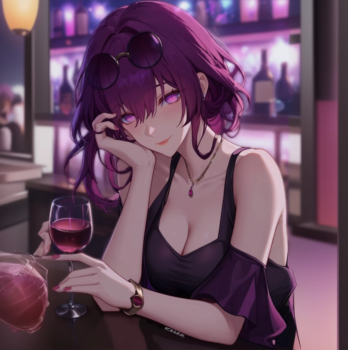 anime girl with purple hair and glasses sitting at a bar, anime moe artstyle, seductive anime girl, ilya kuvshinov. 4 k, anime style 4 k, artwork in the style of guweiz, guweiz, ilya kuvshinov style, with a drink, she holds a glass of wine, drinking wine