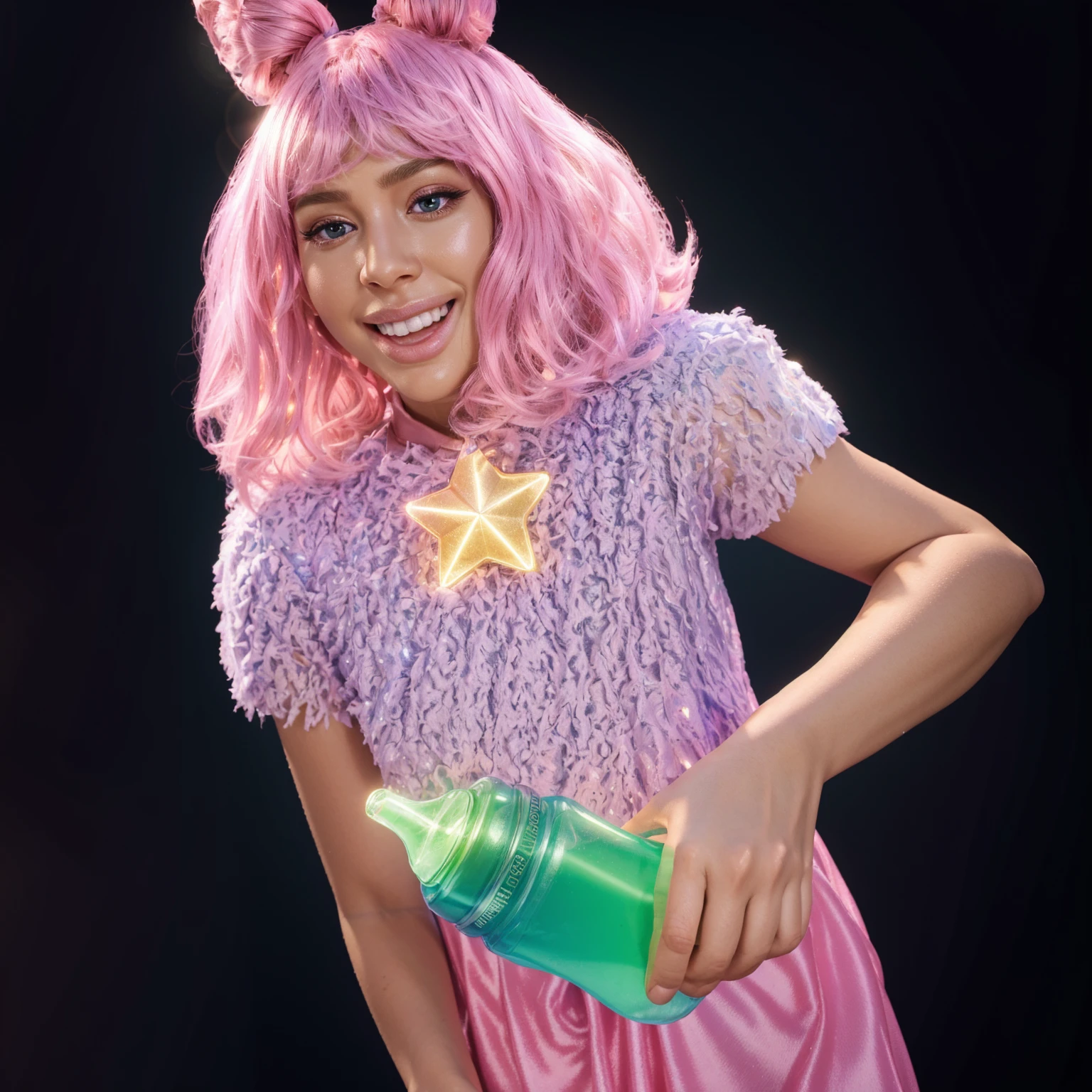 A girl with pink hair and a star on her super fluffy shirt is holding a green water bottle, fluffy pink skirt, smooth 3d model, glossy plastic texture, multiple light sources, rim light, sharp post effects render, most beautiful vfx, , realistic, 4k, high resolution, rim light, smooth 3d model. , glossy texture, smooth 3d model, multiple light sources, rim light, sharp post effects render, (glossy plastic texture with multiple big light probe refractions), perfect cgi, reflective, best quality, 4k, masterpiece:1.2, ultra-detailed, realistic, vivid colors, The image of the highest quality, ensuring every detail showcased perfectly. It in 4k resolution, allowing viewers to immerse themselves in the richness of the colors and intricate details. The realistic rendering. under the spotlight, reflecting, high-resolution image, realistic rendering