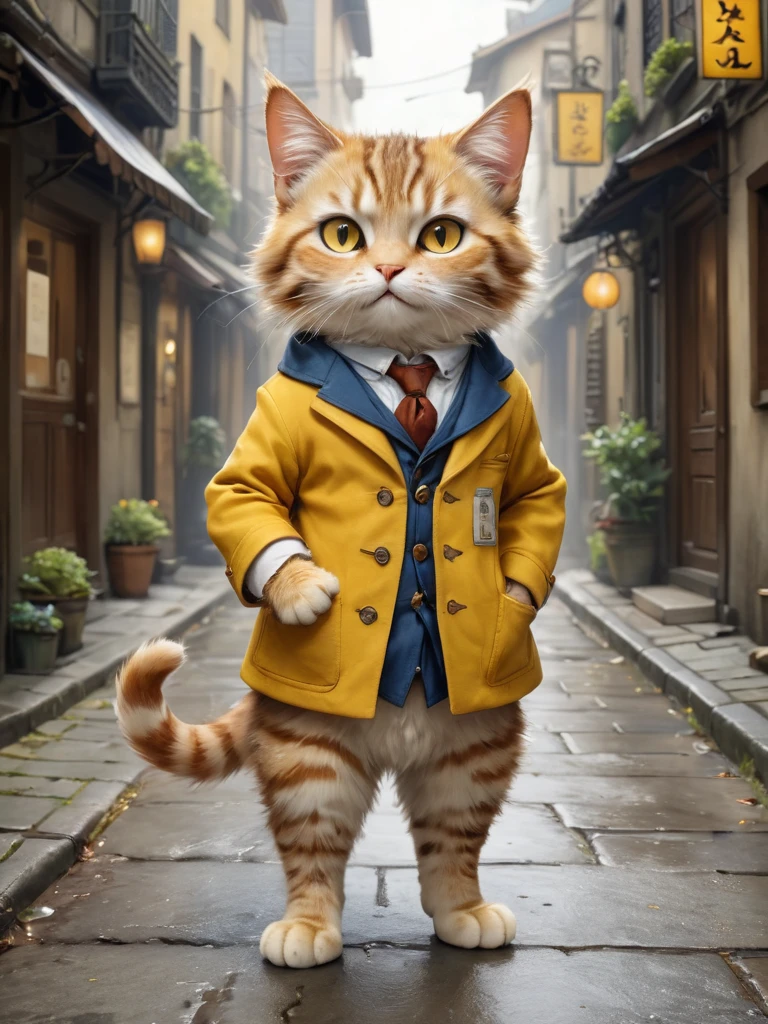  small, かわいいto be bornき物, whole bodyスーツを着て, whole body, , Are standing, Costume,  Fantasy art, Exquisite detail, Jean-Baptiste Monge Style, Office Street、Alan Lee Style, Anthropomorphic fluffy tabby cat with yellow eyes, Movie Scenes, Dramatic shot angles, , Realistic, to be born々Stunning cinematic photorealism, Action Portrait, 8K, detailed, Full Frame