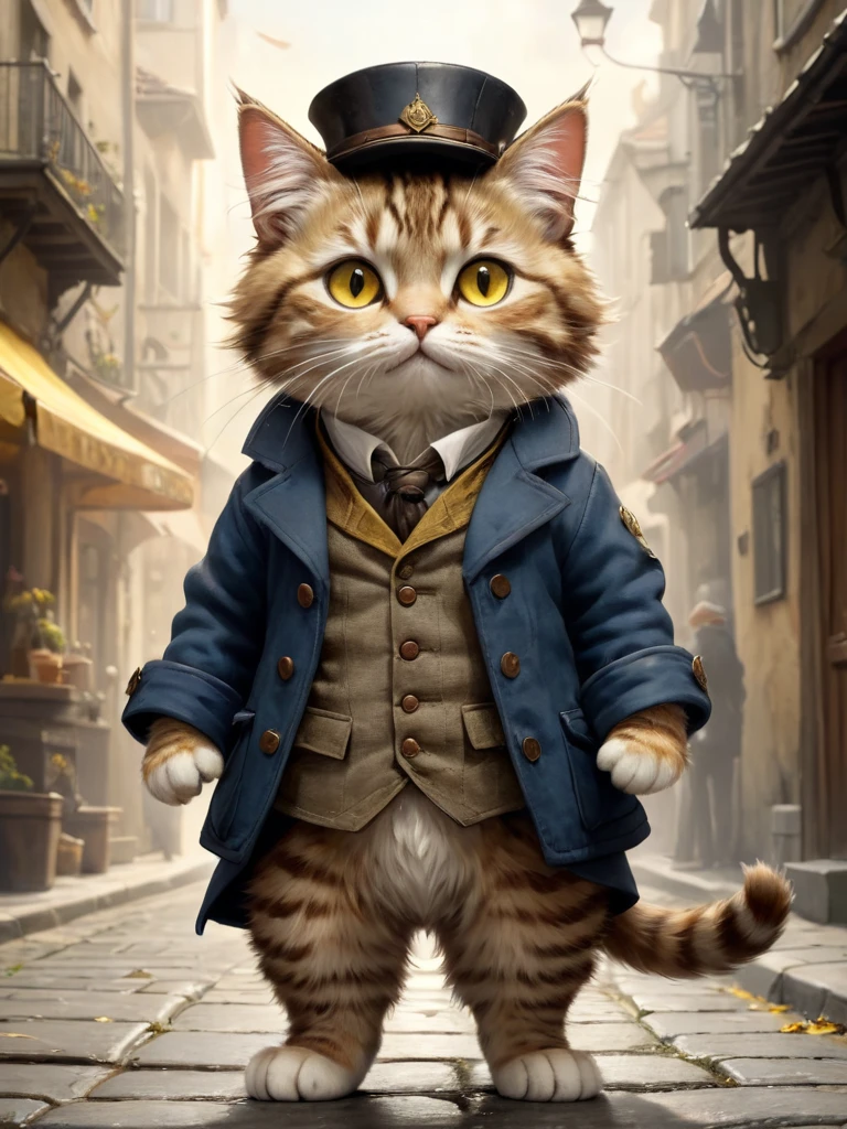  small, かわいいto be bornき物, whole bodyスーツを着て, whole body, , Are standing, Costume,  Fantasy art, Exquisite detail, Jean-Baptiste Monge Style, Office Street、Alan Lee Style, Anthropomorphic fluffy tabby cat with yellow eyes, Movie Scenes, Dramatic shot angles, , Realistic, to be born々Stunning cinematic photorealism, Action Portrait, 8K, detailed, Full Frame