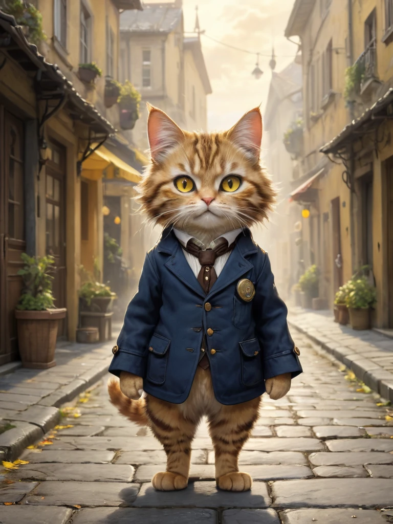  small, かわいいto be bornき物, whole bodyスーツを着て, whole body, , Are standing, Costume,  Fantasy art, Exquisite detail, Jean-Baptiste Monge Style, Office Street、Alan Lee Style, Anthropomorphic fluffy tabby cat with yellow eyes, Movie Scenes, Dramatic shot angles, , Realistic, to be born々Stunning cinematic photorealism, Action Portrait, 8K, detailed, Full Frame