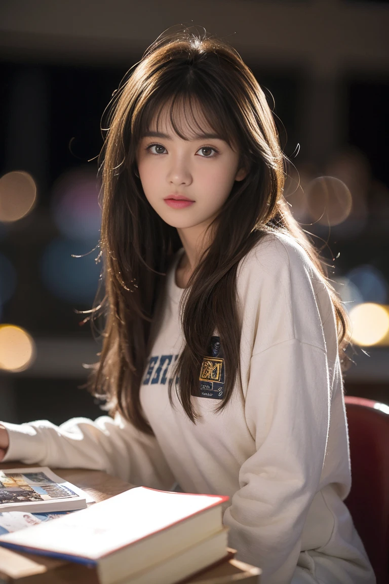 a beautiful college girl, brunette, close-up, girl next door, baggy clothes, night, interior, messy hair, film grain, retro, (bokeh:1.3), Porta 160 color, shot on ARRI ALEXA 65, sharp focus on subject, Fujifilm XT-3