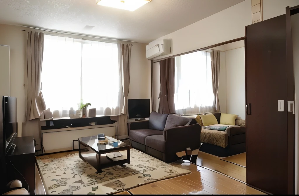 there is a living room with a couch, bed, and TV, room全体, Wide々としたroom, In a Japanese apartment, 家具付きのroom, indoor, roomのインテリア, Wideいroom, クリーム色のroom, room, living room, roomのインテリア, Beautiful images, New Modern, 明るいroom, Complex!!, flat!!, Japanese style