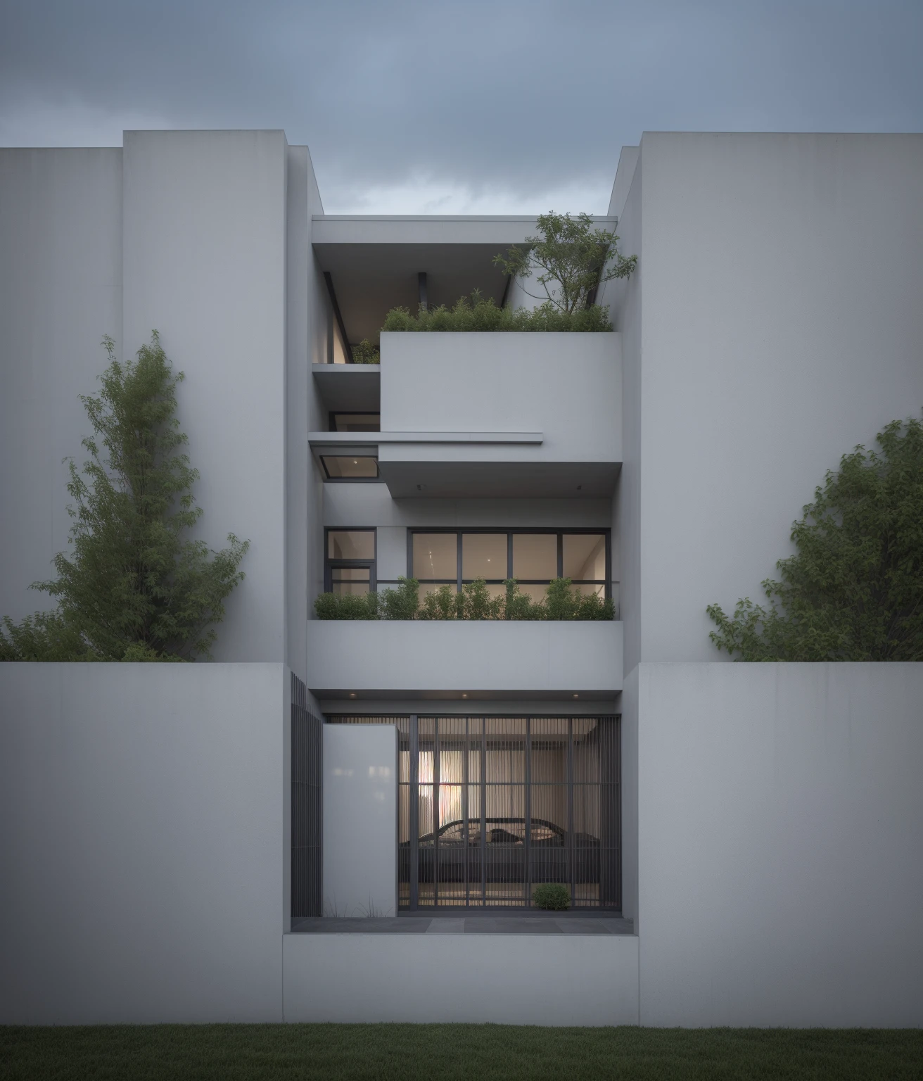 RAW photo, a photo of a modern villa with a car parked in front of it, ((1/2 dark grey wood facade)), architectural shot, gate, road, viet nam modern residence, rough white wall, new residential area, wide angle exterior 2022, contemporary house, exterior photography, masterpiece, contemporary architecture, overcast, indirect lighting