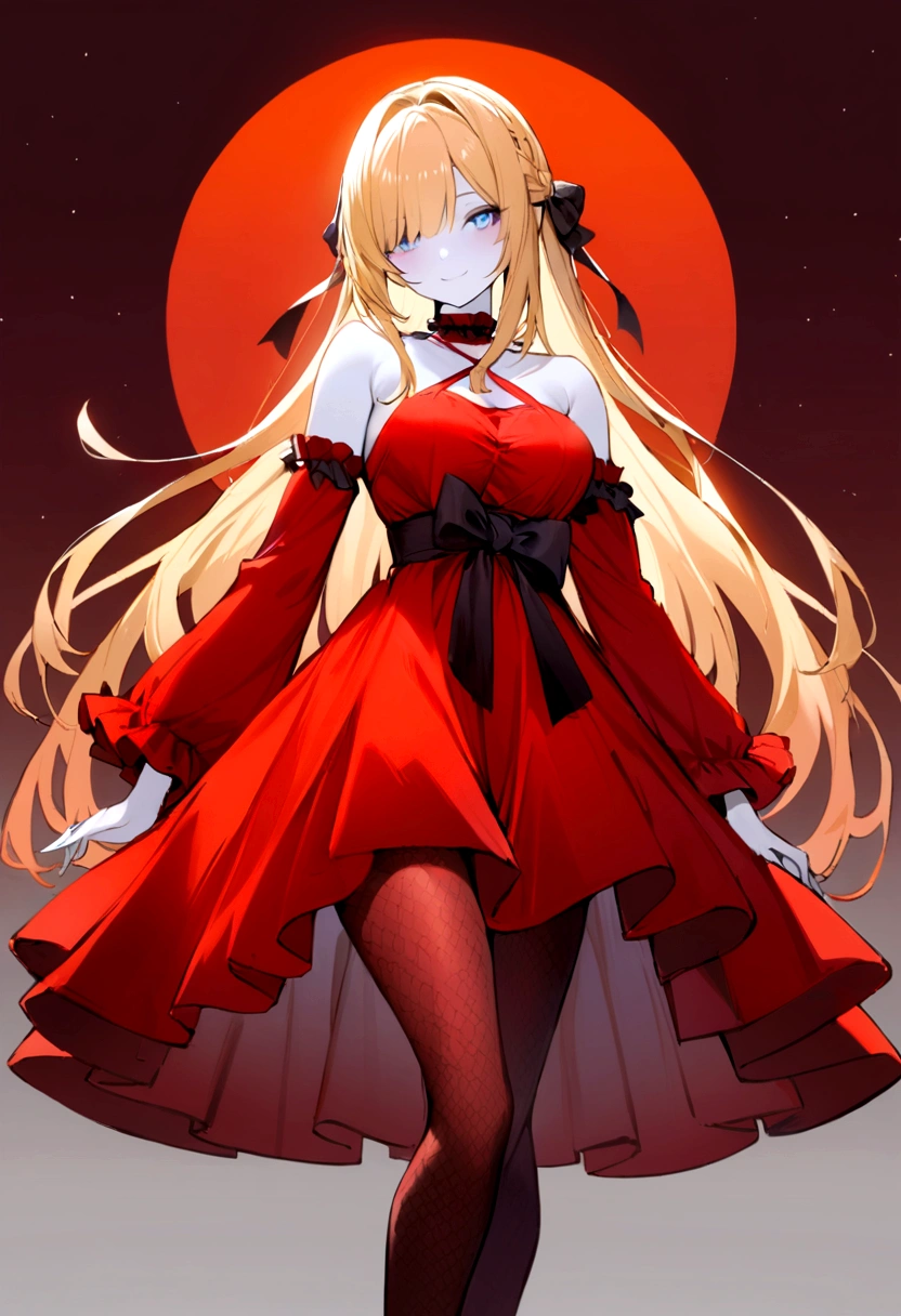 redmoonreindeer, full moon, red theme, monster girl, 1girl, monster girl, gradient, colored skin, solo, covered eyes,, ultra detailed, masterpiece, best quality, aesthetic, detailed,, solo, soft smile, light smile,
1girl, blue eyes, very long hair, blonde hair, long blonde hair, french braid, bangs, medium ,, hair ribbon, frilled choker, criss-cross halter, sleeveless dress, high-waist skirt, backless dress, waist bow, detached sleeves, frilled sleeves, wide sleeves, pantyhoatterned legwear, mary janes,