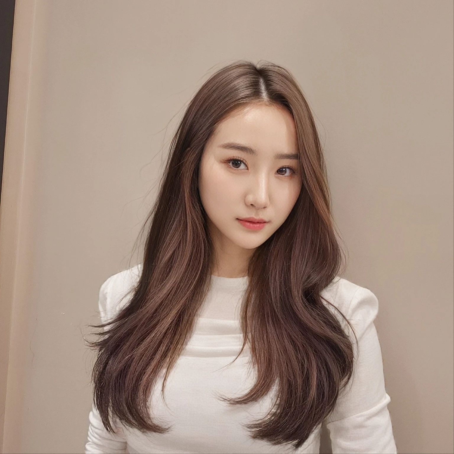 Best Quality, 8k, Masterpiece, (Portrait: 1.3), (photo realistic:1.4), (hyper realistic:1.4), Sharp Focus, looking at viewer, (smoother lighting:1.1), (increase cinematic lighting quality:0.9), realistic lighting, backlighting, light on face, ray trace, (brightening light:1.2), (Increase quality:1.4), sharp detail, (best quality real texture skin:1.4), finely detailed eyes, black_eyes, finely detailed face, 25 year old Korean woman, (yellow formal_shirt:1.4), (Create an image maintaining the original base model hairstyle:1.5)
