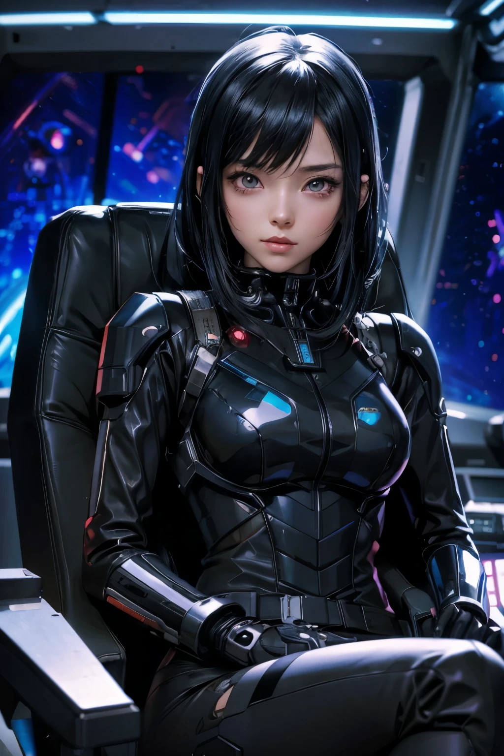 Anime girl in a black suit sitting in a chair on a space station, Portrait Anime Astronaut Girl, Cyberpunk girl with jet black hair, Android Heroine, Cyberpunk Anime Girl Mecha, Girl wearing mecha cyber armor, Cyberpunk Anime Girl, Beautiful female android!, Armored astronaut girl portrait, SF Women, Highly detailed official artwork, Digital Cyberpunk Anime Art, Very detailed fan art