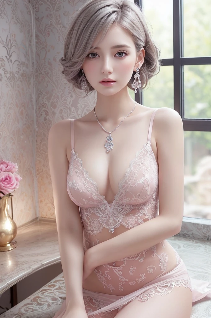 pink lace thong&Good, (((Very elegant and beautiful, Perfect detail, Super detailed))), whole body, The most detailed girl, Depth of written boundary, 美しく詳細なwhole body, Thin legs, 1 girl, 30 years old, Very short hair, Spiked Hair, Gray and silver hair, Beautiful detailed hair, Perfect Face, Expressionless, Beautifully detailed deep eyes, Open your mouth a little, Delicate arms and hands, Pale skin, Earrings, Beautiful and gorgeous necklace, Colorful background, HD background, Blurred Background, Very delicate and beautiful, Masterpiece, (((Highest quality, Very beautiful 8K CG wallpaper))), (((Trendy hairstyles))), (Inside the room,Stylish interior,window),