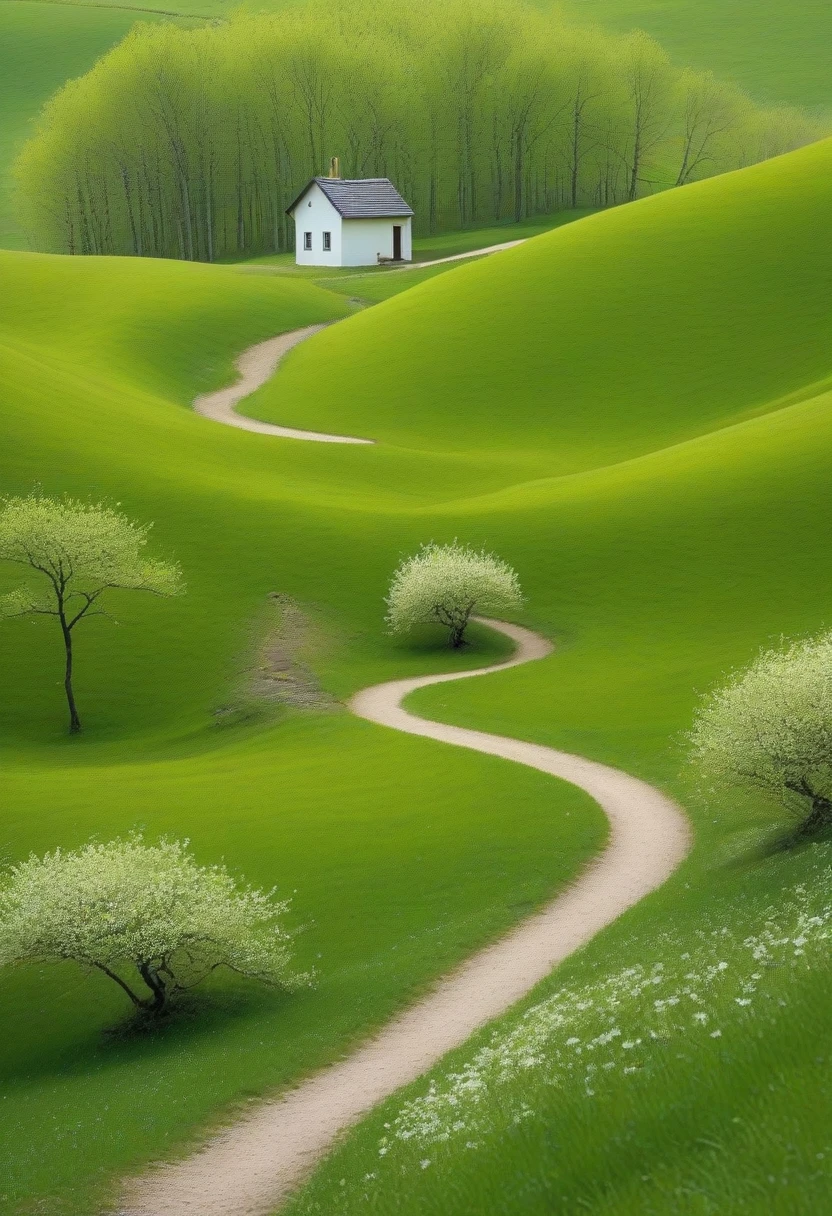 Minimalism，spring，Woods and winding paths，Old man back，Small house in the distance，Green Theme