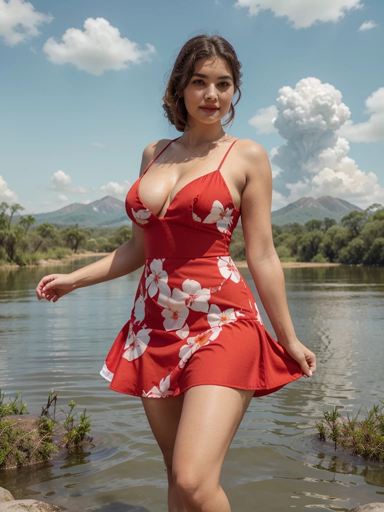 Araffe dress,Red dressRed wearing a short dress (white),Crocodile nearbya mountain of water near the Crocodiles nearby.light green, shining flowers,Red skywearing a suit (white), lipstick (pink) Escasamente vestido.Smooth sky model Hermosa figuracuerpo voluptuoso curvy hermosas sonrisa seductora Retrato Gabriella Lin Rojo Orange dress Red