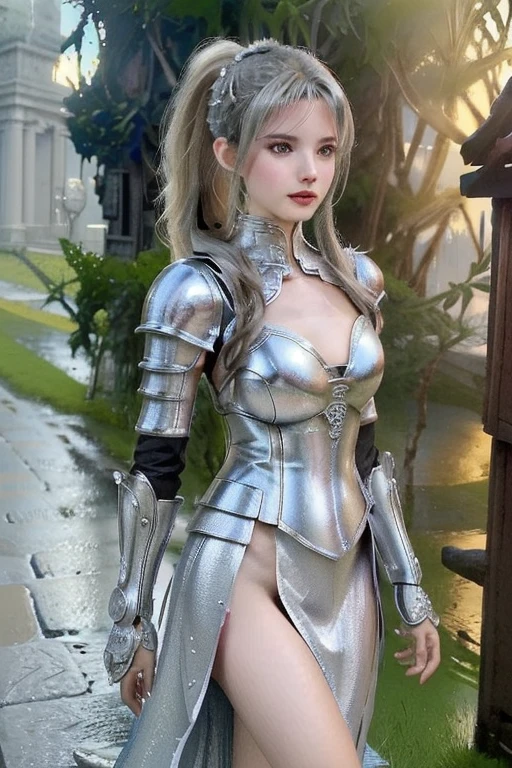 (8K, best quality:1.2), (masterpiece:1.37), (photo, photoPractical:1.37), (Ultra-high resolution),whole body,Depth of Field,The upper part of the armor has a deep V-neck slit that reveals the chest,Huge breasts,The lower part is a miniskirt-style skirt., Full body, Walking posture, shot From Front, Slow Motion, Female paladin wearing the Full body, (Light silver armor:1.2),(Richly decorated armor), (Extremely detailed, bloom:1.5), (best quality, Alessandro Casagrande, Greg Rutkowski, Sally Mann, Concept Art, 4K), (simulation:1.2), (high sharpness), (Detailed student:1.1), detailed Face and eyes, masterpiece, best quality, (highly detailed photo:1.1), (Long blond hair, Ponytail,ecstatic:1.1), (Young woman:1.1), sharp, (perFect body:1.1), Practical, True Shadows, 3d, (Temple Background:1.2), (Michelangelo), photographed by Canan EOS R6, 135 mm, 1/1250s, F/2.8, ISO 400