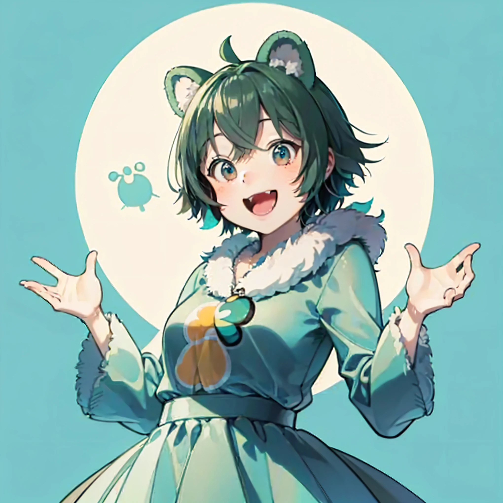 Green fur bear,Pixar-like refined characters,Disney,2:2,Body shape like Doraemon,Ultra HD,fur,Looking at me and laughing,Mouth open,Raising one hand,The belly is white,ears are big,Doll-like cuteness,More realistic