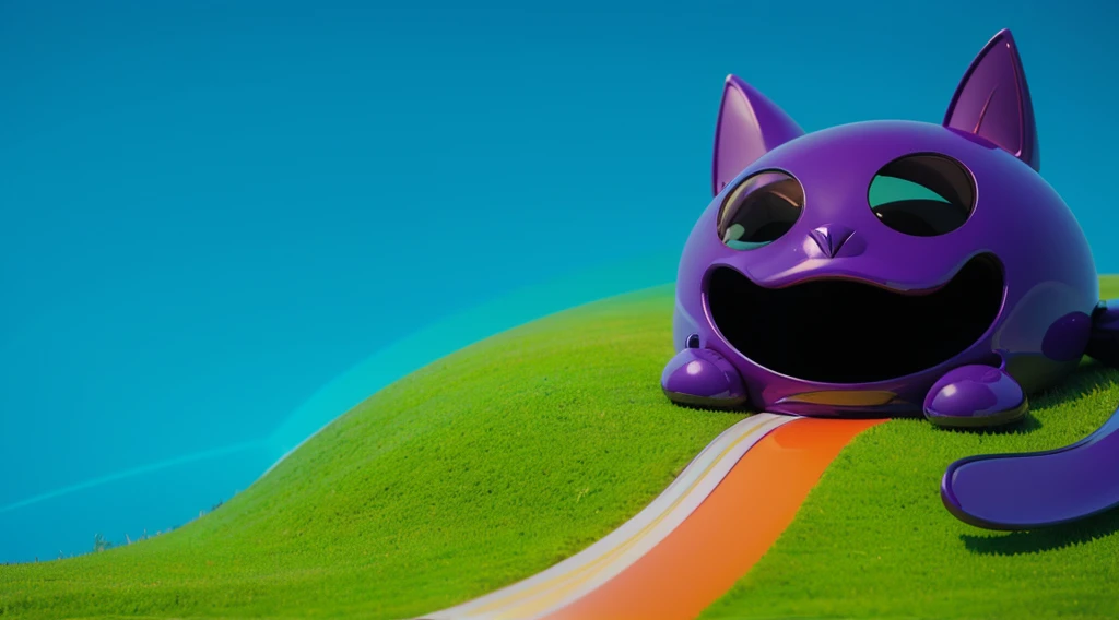 The image depicts a whimsical house designed to resemble a shiny purple cat with a wide, joyful expression. The house is rounded with exaggerated cat features, including large, pointy ears, big black eyes, and a wide-open mouth forming a comical and inviting entrance. The structure sits on a vibrant green hill, with an orange pathway leading up to it, giving a playful and imaginative atmosphere. The sky is a clear blue, enhancing the bright and cheerful scene. The overall design combines creativity and fun, making the house look like a lively, animated character. Create цветной рендеринг zbrush. perfect cgi, cgi art created only with gradients, smooth silhouette, Create ultra sharp skin, high intensity refraction, (plastic material), most beautiful vfx, blue background, plastic refractions, glossy texture, smooth 3d model, multiple light sources, rim light, sharp post effects render, (glossy plastic texture with multiple big light probe refractions), perfect cgi, cgi art created only with gradients, smooth silhouette, high intensity refraction, (plastic material), most beautiful vfx, blue background, plastic refractions