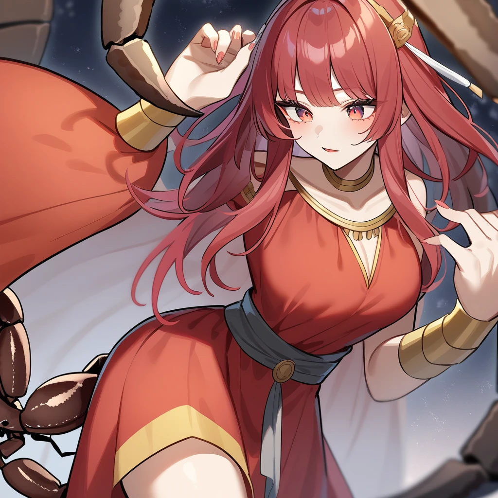 （Yellow plum、high quality、Very detailed），Constellation Scorpion 、Poisonous tail，(((Huge reddish black scorpion:1.6)))，A woman intimidating a Scorpio，Similar to the goodness of Latin，Brave，Whimsical，productivity，The face of progress and humanitarianism，Long golden hair，Ancient Greek Costume、Wrap dress，The background is space，Crystal Red Eye（Eye details），A powerful look
