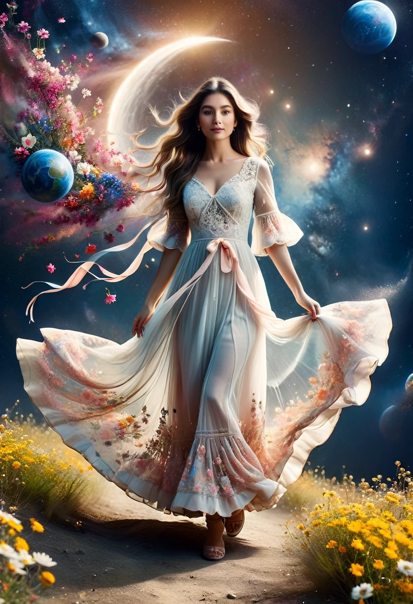 Perfect image:1.5. Analogue Photography:1.2),((Dynamic pose:1.2),(Dynamic Camera),NASA Style, On a moon full of flowers, Young woman in a long lace dress, Long Hair,Walk happily on the flower moon, Looking into the camera, The background is space, and Earth, performer, Other planets also appear to have ribbons flying around, Ultra-realistic, Actual photo shoot, Realistic, Photo taken with a Mamiya ARZ67 and Portra 400 film, Aperture 4, Shutter Speed 125 Stardust (Natural Color, Correct White Balance, Color Correction, Haze Removal,clarity), (Composition centering, Conceptual Photography)),(midnight, high quality, Film Grain), (Natural Color, Correct White Balance, Color Correction, Haze Removal,clarity)