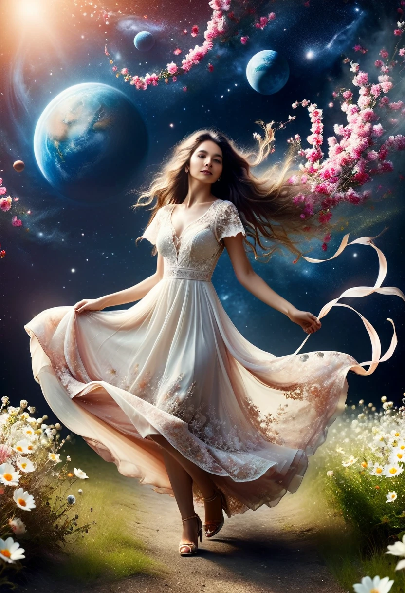 Perfect image:1.5. Analogue Photography:1.2),((Dynamic pose:1.2),(Dynamic Camera),NASA Style, On a moon full of flowers, Young woman in a long lace dress, Long Hair,Walk happily on the flower moon, Looking into the camera, The background is space, and Earth, performer, Other planets also appear to have ribbons flying around, Ultra-realistic, Actual photo shoot, Realistic, Photo taken with a Mamiya ARZ67 and Portra 400 film, Aperture 4, Shutter Speed 125 Stardust (Natural Color, Correct White Balance, Color Correction, Haze Removal,clarity), (Composition centering, Conceptual Photography)),(midnight, high quality, Film Grain), (Natural Color, Correct White Balance, Color Correction, Haze Removal,clarity)