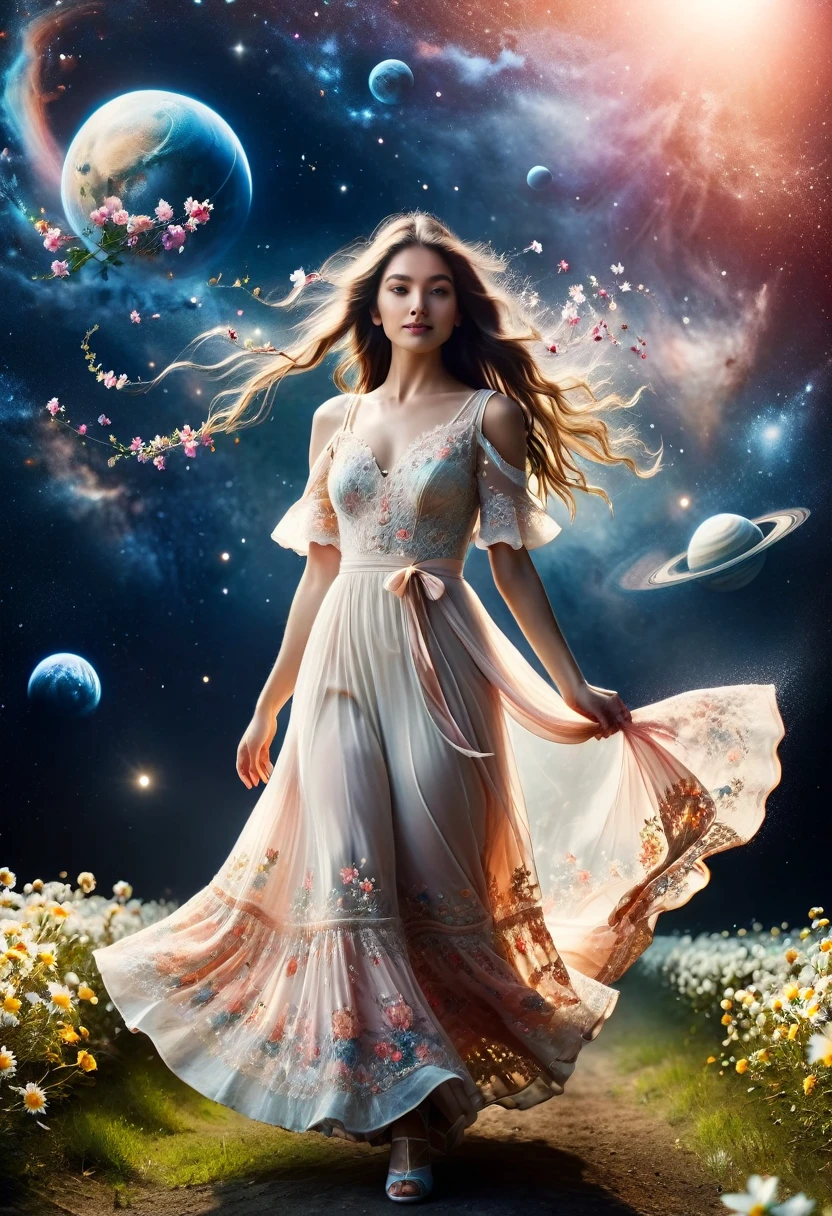 Perfect image：1.5. Analogue Photography:1.2),((Dynamic pose:1.2),(Dynamic Camera),NASA Style, On a moon full of flowers, Young woman in a long lace dress, Long Hair,Walk happily on the flower moon, Looking into the camera, The background is space, and Earth, performer, Other planets also appear to have ribbons flying around, Ultra-realistic, Actual photo shoot, Realistic, Photo taken with a Mamiya ARZ67 and Portra 400 film, Aperture 4, Shutter Speed 125 Stardust (Natural Color, Correct White Balance, Color Correction, Haze Removal,clarity), (Composition centering, Conceptual Photography)),(midnight, high quality, Film Grain), (Natural Color, Correct White Balance, Color Correction, Haze Removal,clarity)
