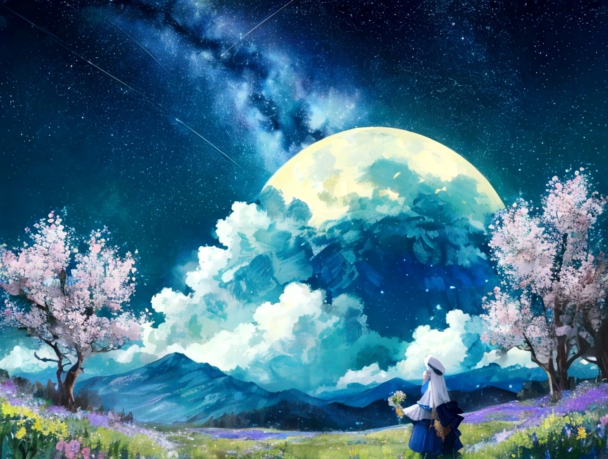 Mountain, forest, Starry Sky ,Yellow Full Moon, Intricate details,make flowers bloom,Sea of Flowers,Fantastic、Monet、vivid