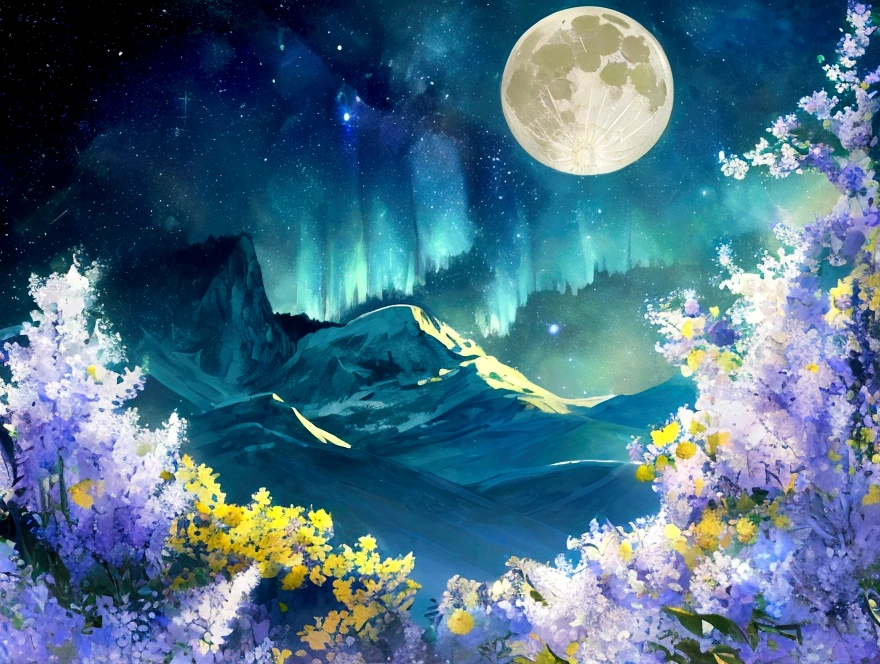 Mountain, forest, Starry Sky ,Yellow Full Moon, Intricate details,make flowers bloom,Sea of Flowers,Fantastic、Monet、vivid