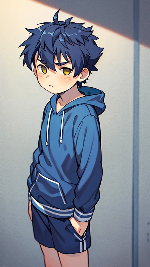 One boy,Shorts,Deep blue hair,Yellow Eyes,White hoodie,Blue Randoseru,Active,Short Hair,11 years old,Center Parting,Curly hair