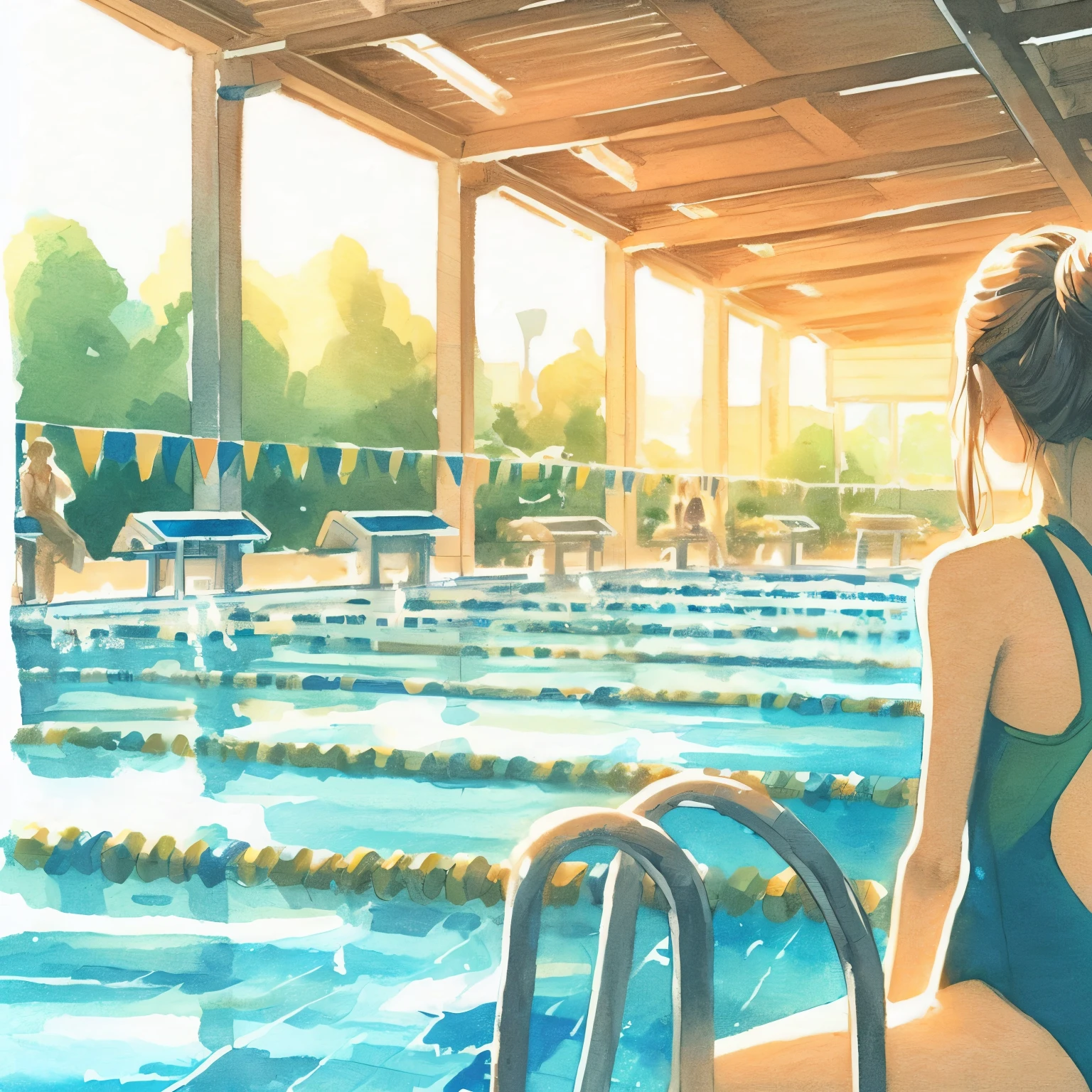 Painting of a woman sitting on the edge of a pool, In the pool, ( ( makoto shinkai ) ), makoto shinkai. —h 2160, Studio Greeble Makoto Shinkai, Makoto Shinkai&#39;s Style, reflection. by Makoto Shinkai, Relaxing concept art, by Makoto Shinkai