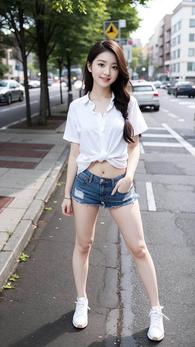 Wearing a white shirt, girl, (tight top:1.5),close your mouth and smile,legs long,Skinny super shorts,White skin of the,high high quality,4K, Face-to-face audience, 1 plump girl,hair tying up,at the street side,(Bring your legs together:1.5),with a round face, 32 inches in the chest, (sexy pose),(standing pose) ,(full body shot)、Chest 32 inches, ,Stand on the grass and take pictures