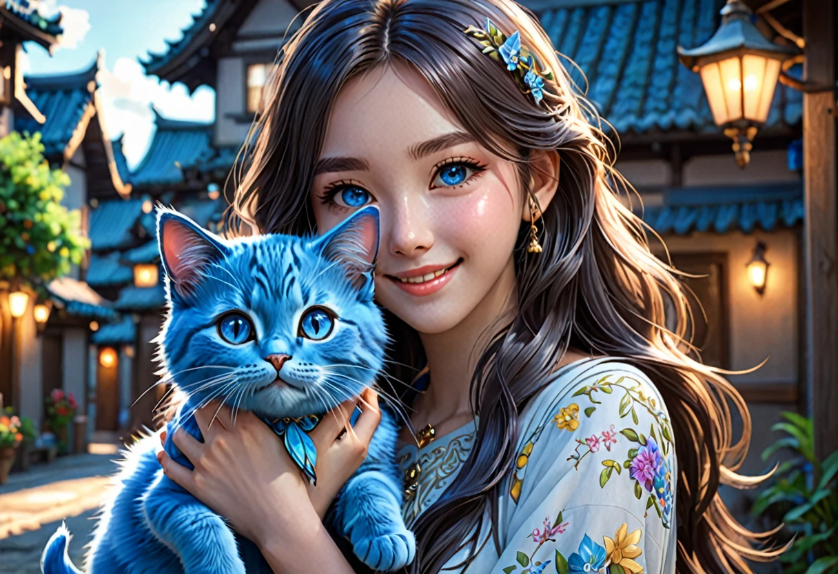 anime girl, smiling, holding cute blue cat, fantasy world, full body shot, detailed face and eyes, long hair, beautiful detailed eyes, beautiful detailed lips, extremely detailed face, long eyelashes, intricate details, highly detailed, (best quality, 4k, 8k, highres, masterpiece:1.2), ultra-detailed, (realistic, photorealistic, photo-realistic:1.37), vibrant colors, soft lighting, cinematic composition, atmospheric, digital art, concept art