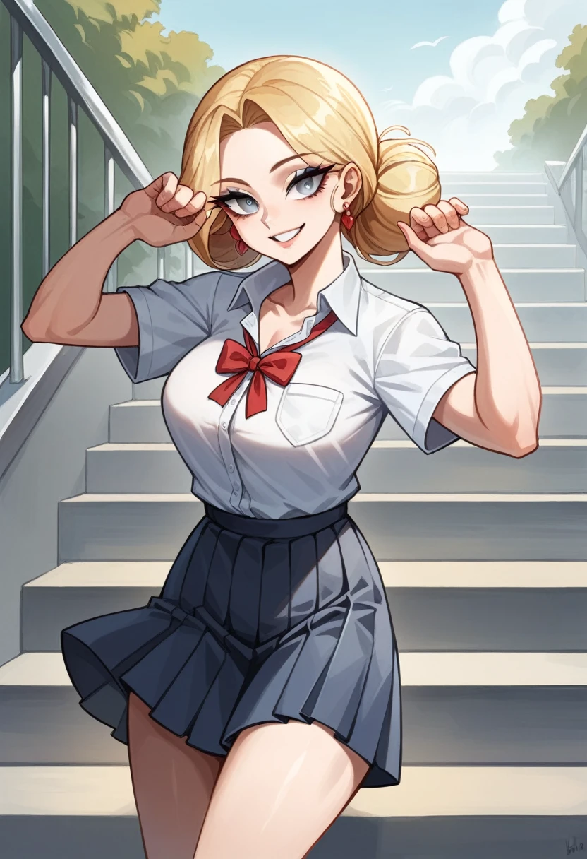 Gray eyes, Korean school uniform, Summer shirts, Ribbon Tie, skirt, Bright Blonde, School stairs, going down School stairs, Chest thrust pose, Chest show-off pose, 8K RAW Photos, high resolution, 16 year old Korean is cool, Very round breasts, Beautiful eye details, Long eyelashes, Beautiful double eyelids, Eyeshadow, Eyeliner, Slender eyes, Elongate the shape of the eyes, Three white eyes, Evil smile, Expression, Very beautiful slender legs, Beautiful and slender thighs, Random medium-length hair, hair tied behind the head, earrings,