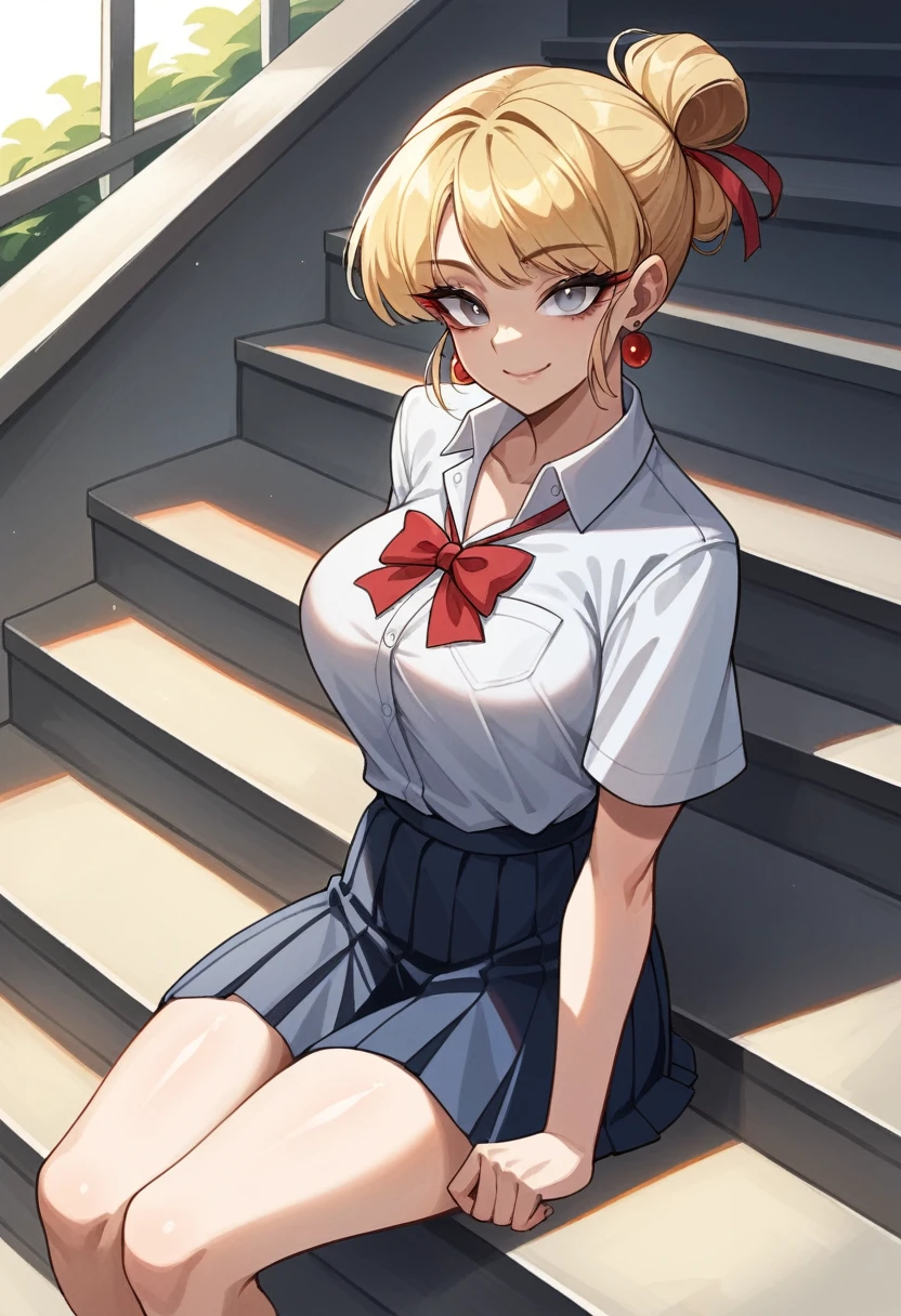 Gray eyes, Korean school uniform, Summer shirts, Ribbon Tie, skirt, Bright Blonde, School stairs, going down School stairs, Chest thrust pose, Chest show-off pose, 8K RAW Photos, high resolution, 16 year old Korean is cool, Very round breasts, Beautiful eye details, Long eyelashes, Beautiful double eyelids, Eyeshadow, Eyeliner, Slender eyes, Elongate the shape of the eyes, Three white eyes, Evil smile, Expression, Very beautiful slender legs, Beautiful and slender thighs, Random medium-length hair, hair tied behind the head, earrings,