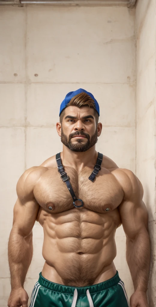 Latino 1kid, , short hair, kid, hairy,iryalpha, BeardAlpha, wearing a tracksuit clothes, wearing a Adidas cap, tight uniform, open shirt, wearing a pectoral harness, oversized pectorals, heavy pectorals, oversized bulge, intimidating, smirking, nipple rings, threatening, bara, prison background
