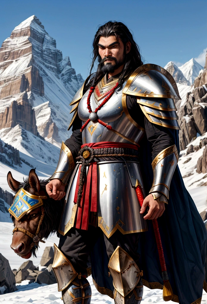 Araped man in full armor standing in front of a mountain, Genghis Khan, Guan Yu, Jason Momoa as an Assyrian, Mongol, Photo of an adult male warrior, photo of Genghis Khan, Inspired by Lycan, Hanzo from Overwatch, Mongolia, mughal khan, warrior costume, Arsene Lupine as a Paladin