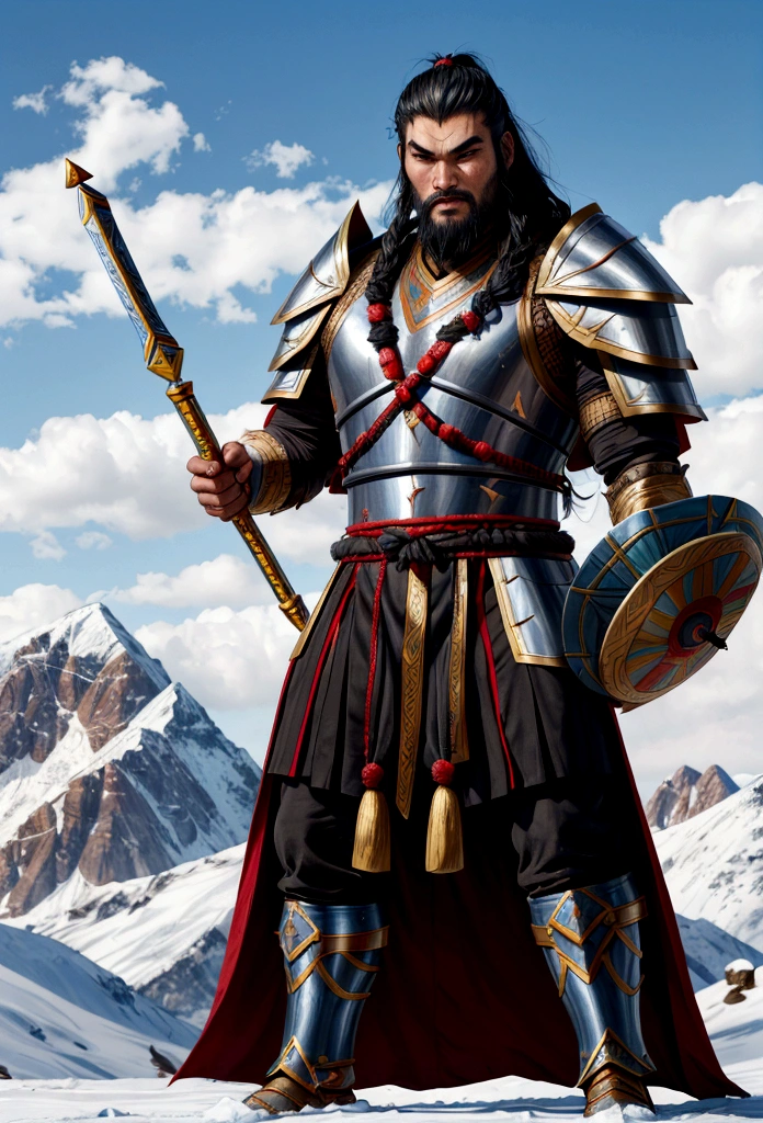 Araped man in full armor standing in front of a mountain, Genghis Khan, Guan Yu, Jason Momoa as an Assyrian, Mongol, Photo of an adult male warrior, photo of Genghis Khan, Inspired by Lycan, Hanzo from Overwatch, Mongolia, mughal khan, warrior costume, Arsene Lupine as a Paladin