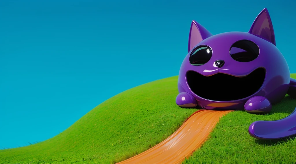The image depicts a whimsical house designed to resemble a shiny purple cat with a wide, joyful expression. The house is rounded with exaggerated cat features, including large, pointy ears, big black eyes, and a wide-open mouth forming a comical and inviting entrance. The structure sits on a vibrant green hill, with an orange pathway leading up to it, giving a playful and imaginative atmosphere. The sky is a clear blue, enhancing the bright and cheerful scene. The overall design combines creativity and fun, making the house look like a lively, animated character. Create цветной рендеринг zbrush. perfect cgi, cgi art created only with gradients, smooth silhouette, Create ultra sharp skin, high intensity refraction, (plastic material), most beautiful vfx, blue background, plastic refractions, glossy texture, smooth 3d model, multiple light sources, rim light, sharp post effects render, (glossy plastic texture with multiple big light probe refractions), perfect cgi, cgi art created only with gradients, smooth silhouette, high intensity refraction, (plastic material), most beautiful vfx, blue background, plastic refractions