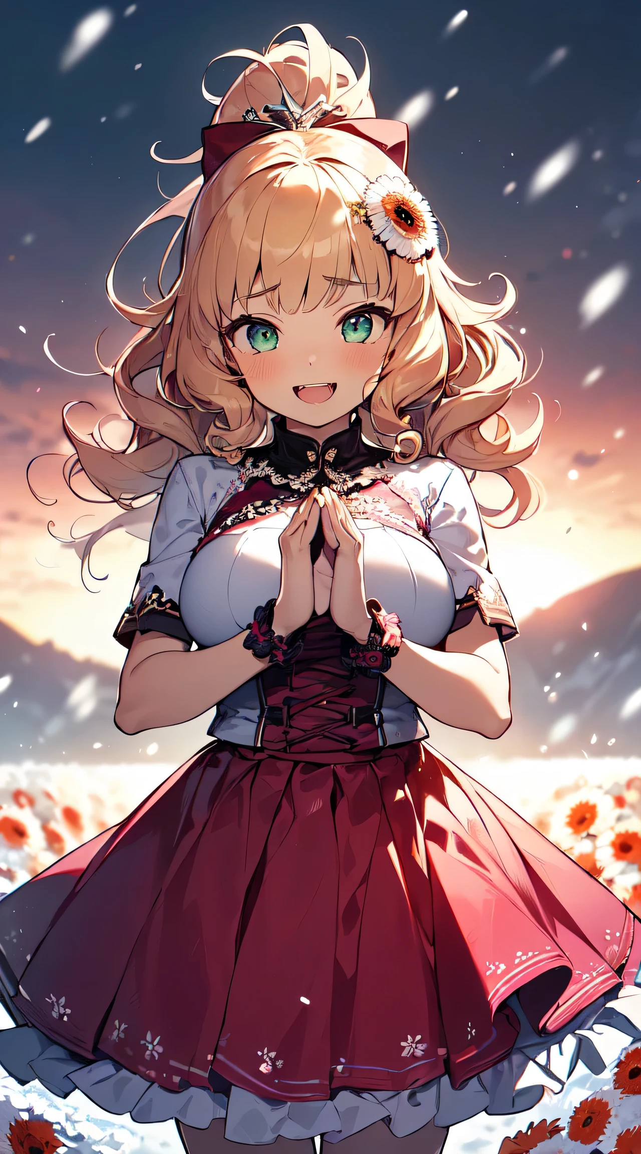 (8k, RAW photo, best quality, masterpiece, highres, absurdres, ultra detailed:1.3), (Photography, realistic, photo-realistic:1.4), (beautiful natural lighting, beautiful deatailed shadow, beautiful detailed glow :1.4), atmosphe
BREAK, 1 beautiful girl, girl, (cute:1.5),(chibi:0.5),(cute:2.0),(loli:2.0),(12 year old girl),(big breasts:1.65),(chin hair,blond hair,blue bow,green eyes,eyebrows showing through hair,side locks,split bangs long hair, hair flowers, hair ornament, big bows in hair, curly hair, ponytail:1.6),:el, white feathers, one slender white winged, Ang el wings, spread wings, shining wings),pit \black},sparkling skin, clear skin, glowing beautiful skin, open mouth, bashful smile, solo, fangs, upper teeth,(long eyelashes, double eyelids:1.2),solo, sparkling skin, clear skin, glowing beautiful skin,(top quality face),(top quality shining eyes),(fun, happy fluttering:1.45)

BREAK (white and pink theme:1.5), (white and pink Classical lolita fashion:1.5),(white and pink Princess dress adorned with a plethora of fresh gerbera (in various vibrant colors:1.2):1.5), (voluminous frills:1.3), (Basque waist:1.3), ((crinoline, long multilayer-voluminous ruffle skirt)  adorned with  a plethora of fresh gerbera (in various vibrant colors:1.2):1.5), (intricate floral lace embroidery:1.6), (Princess dress and ruffle skirt  adorned with  a plethora of fresh gerbera (in various vibrant colors:1.2):2.0),(white pink heels adorned with fresh gerbera flowers in various colors:1.2),(holding a bouquet of brightly colored flowers:1.1),

BREAK,(folded hands:1.8),(background of beautiful detailed The dazzling morning sun rises and Shrine grounds covered in snow:1.2),

BREAK,wakame,wakame,wakame,(Cowboy Shot:1.4),

BREAK,(Blurry background:1.3),(absurderes, hight resolution, Super Detail Art),cel shading,Clear Color, Lonely optical effect, Beautiful pictures, Bright glow, mystic atmosphere,(Close-up of girl:1.1), Mystical light particle effect,manga influence, clean line drawings,