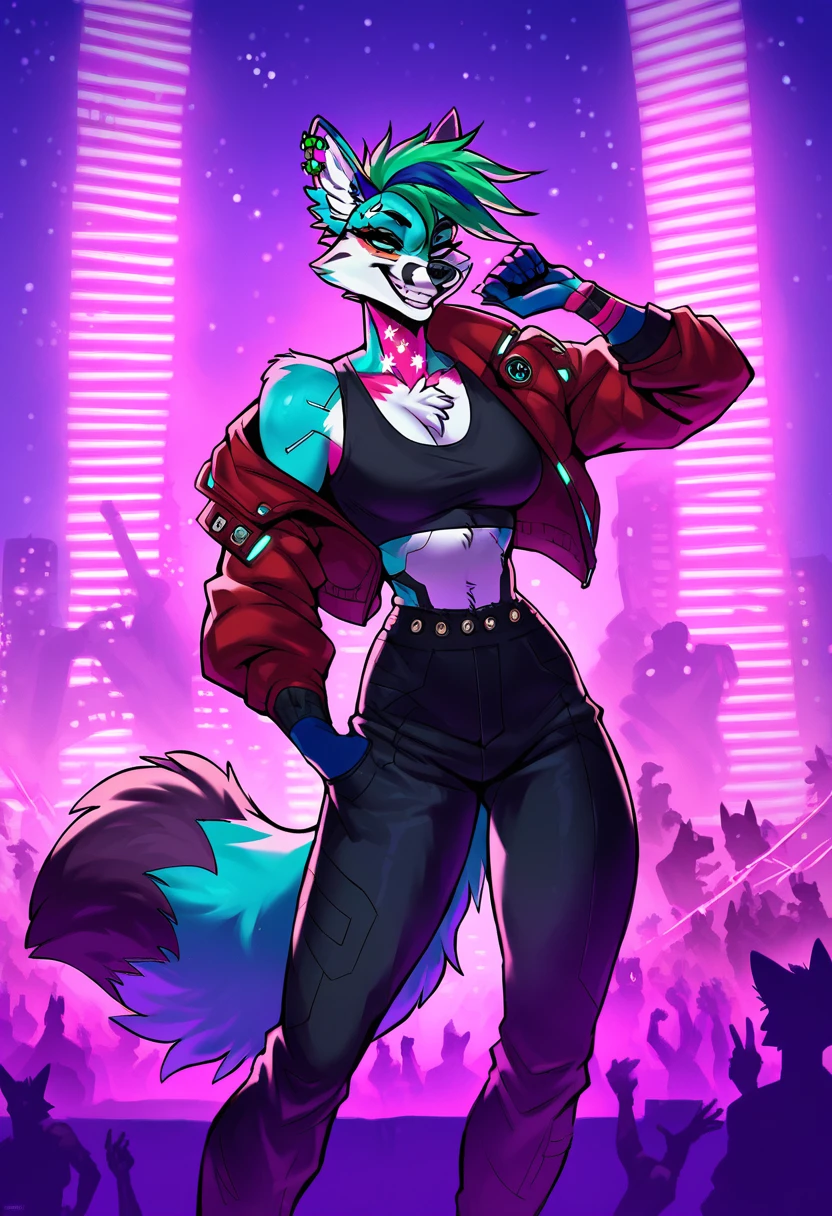 score_9, score_8_up, score_7_up, cyberpunk city, downtown ally, midnight, crowd on background, starry night ((fox:1.2), anthro, female, colorfull fur, fullbody, short punk haircut, beautiful, wearing a cyberpunk-style augmentations, joyful, grin)
