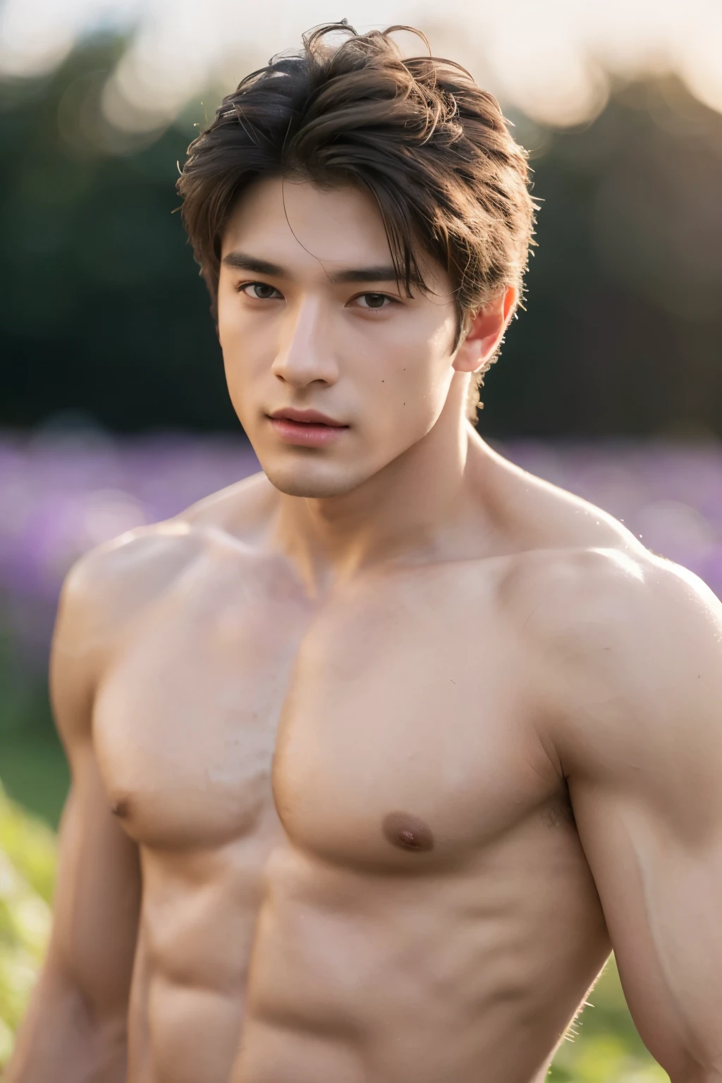 a young male model, athletic build, shirtless, ripped and wearing only sexy micro thong, strong confident pose, lavender flower field, (best quality, 4k, 8k, highres, masterpiece:1.2), ultra-detailed, (realistic, photorealistic, photo-realistic:1.37), HDR, UHD, studio lighting, highly detailed eyes and face, vibrant colors, bokeh