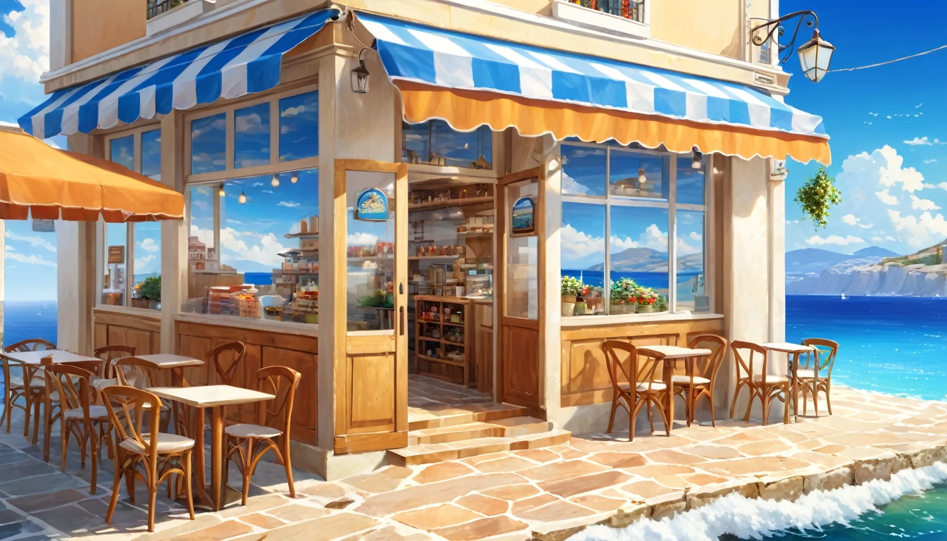 masterpiece, Highest quality, Super detailed, Seaside cafe, scenery, Shop front by the sea, Greece, cloud, Outdoor, null, street, building, Realistic