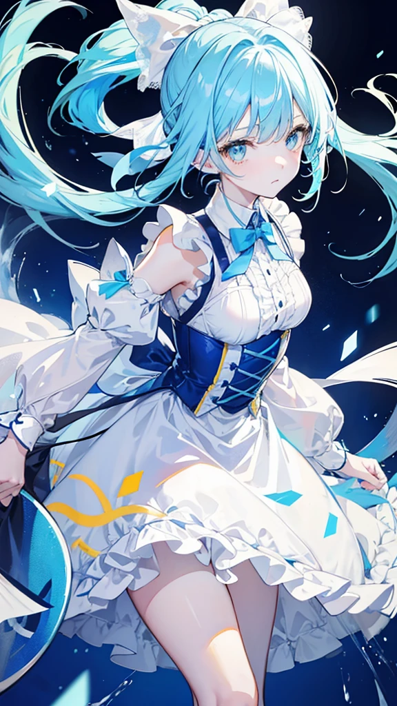 One Girl,Light blue hair,Yellow and light blue eyes,Odd Eye,Long ponytail,Bangs,Ahoge,Maid clothes,Big white ribbon in hair,Android
