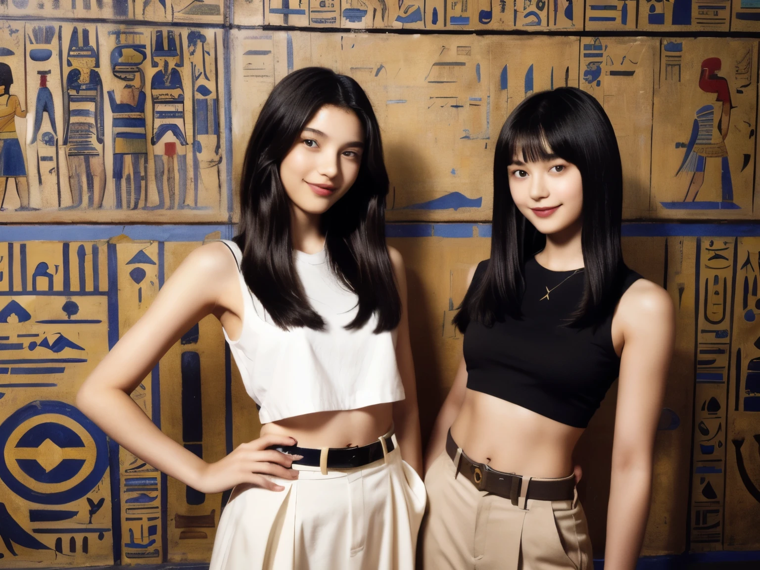 246 (In the mural2people々々), (An 18-year-old female and an 18-year-old male), short hair,kind, lipstick, Egyptian civilization, Waist belt, Hieroglyphics, smile